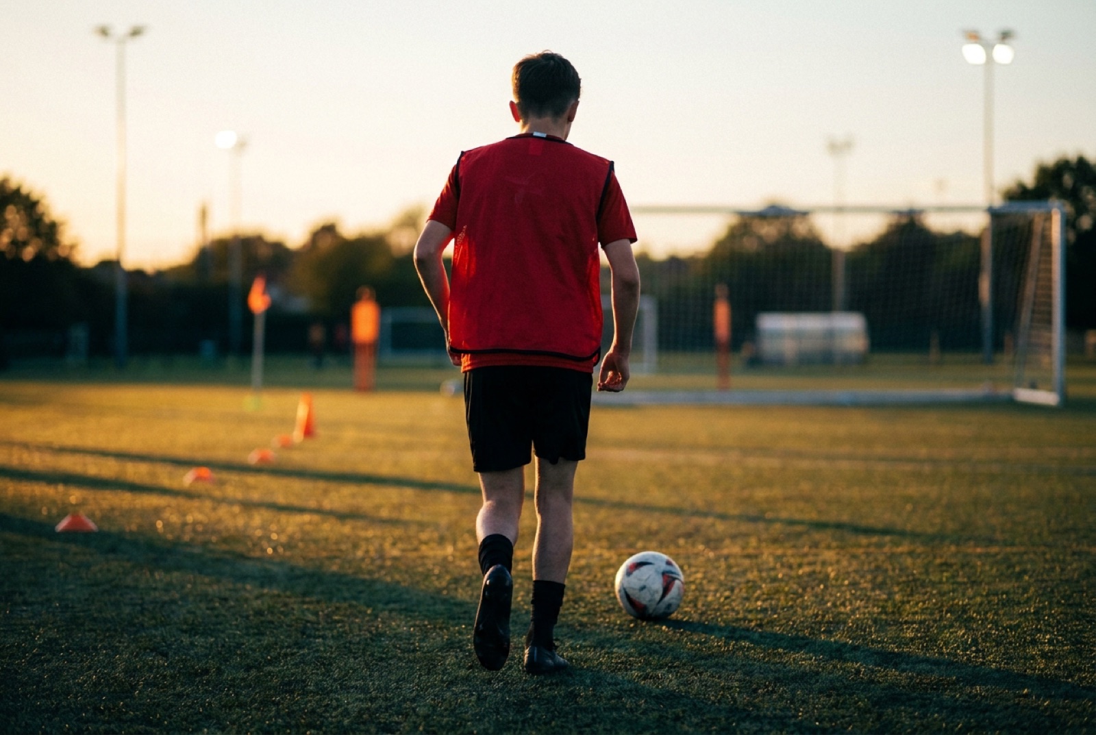 Teenage footballer photographed from behind sprinting toward a ball on a UK training pitch at golden hour