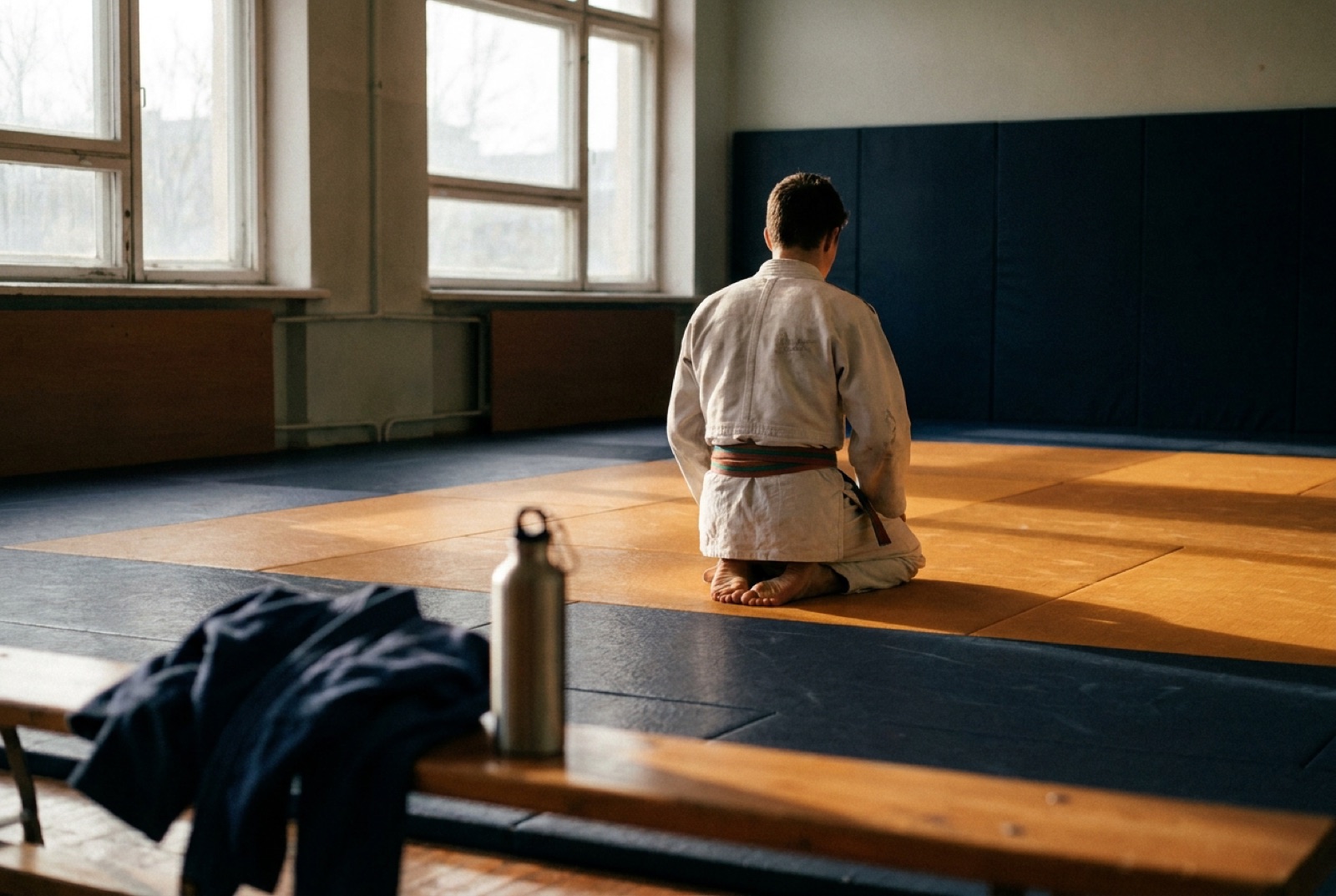 Teenage jiu-jitsu athlete in a white gi kneeling at the edge of warm-toned training mats, photographed from behind in soft morning window light