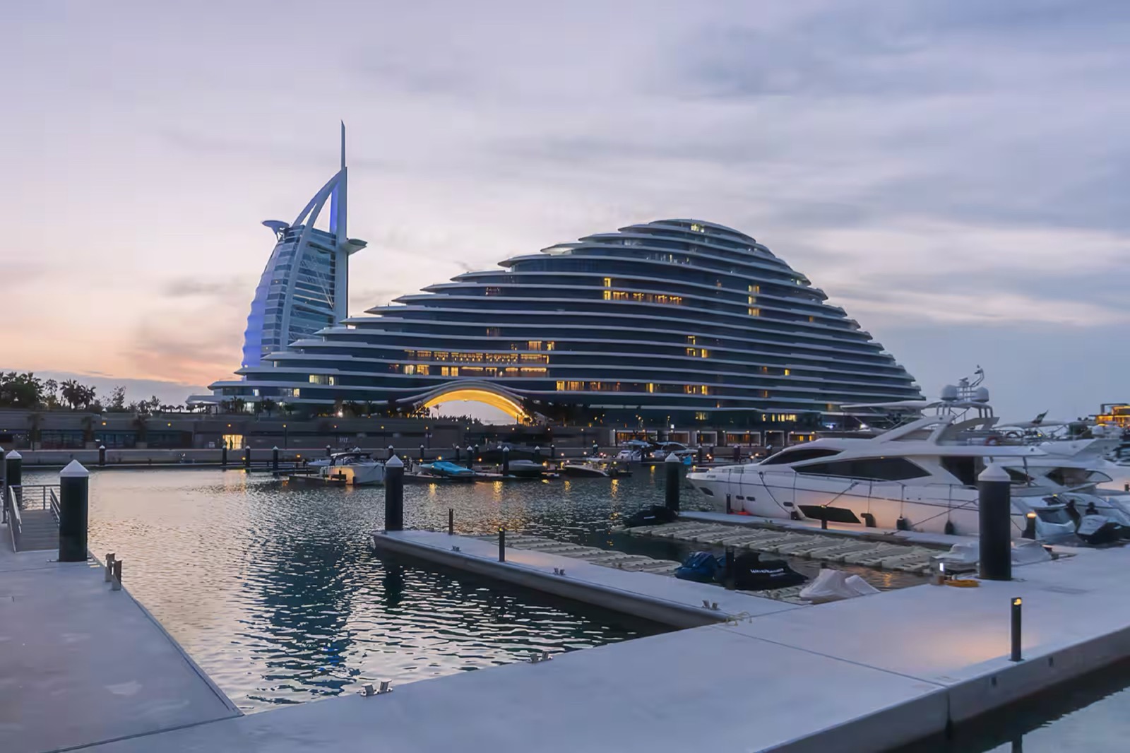 Dubai waterfront and modern architecture at sunset