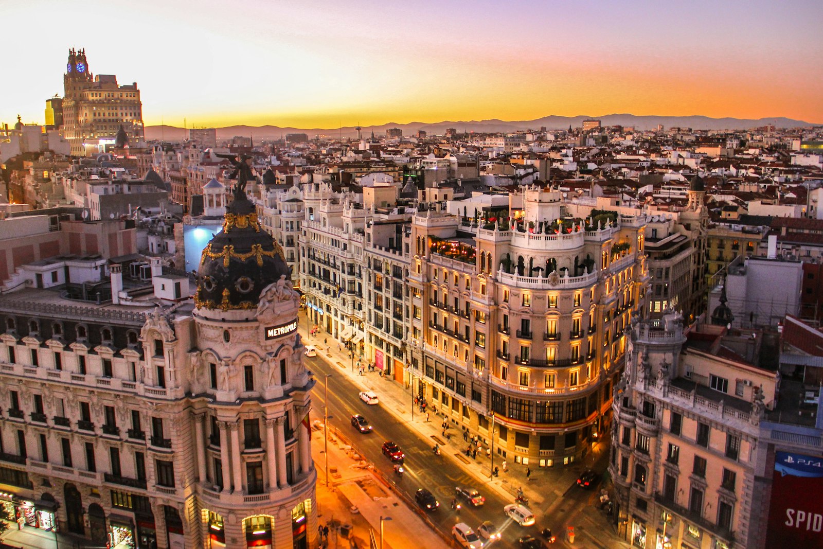 Gran Vía in Madrid at sunset, seen from above