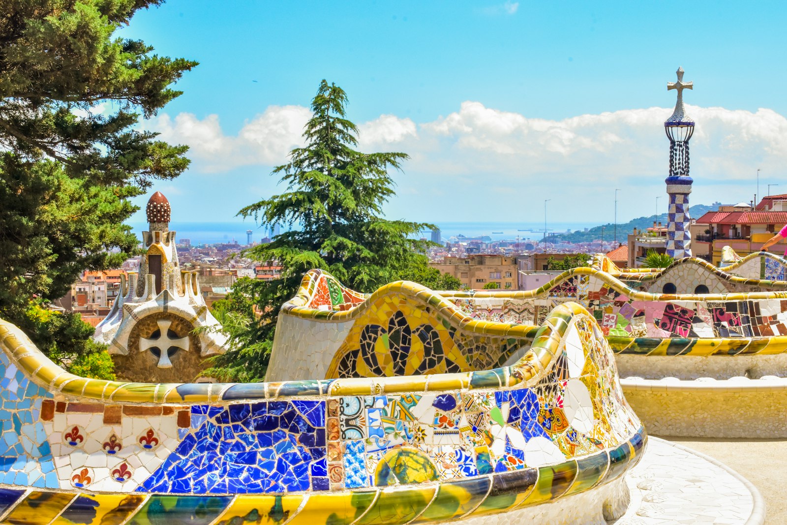 The mosaic bench at Park Güell overlooking Barcelona