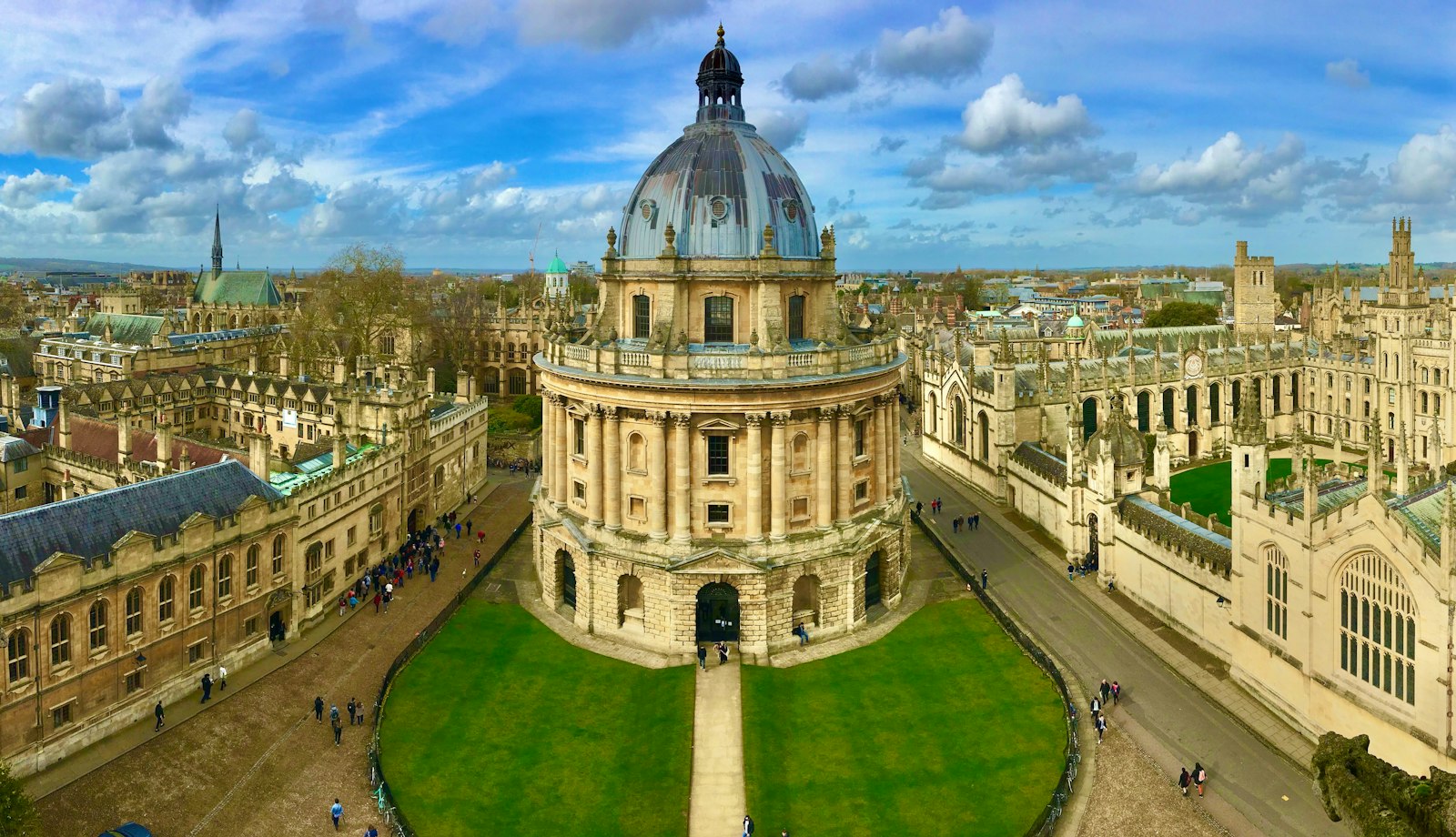 Historic university buildings and lawns in England