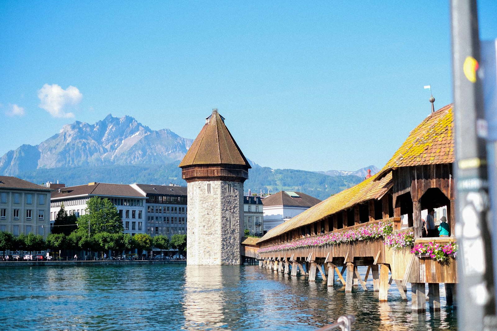 The Chapel Bridge in Lucerne with Mount Pilatus behind it